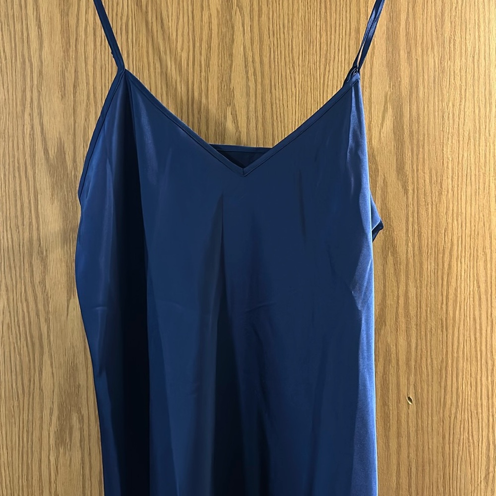 Sapphire blue Bird Papaya Knix satin slip. Knee length. Spaghetti straps.